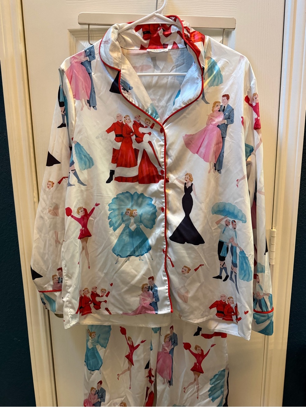 Womens Satin Pajama Set with White Christmas Print - top and pants size M